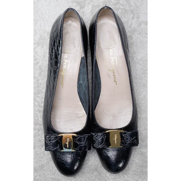 Salvatore Ferragamo Vara Black Croc Embossed Bow Leather Pumps Classic Womens 8 - Picture 7 of 14